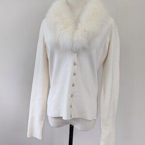 Vintage Cache Fur Collar Cream Cardigan Sweater 90s Y2K Holiday Womens L